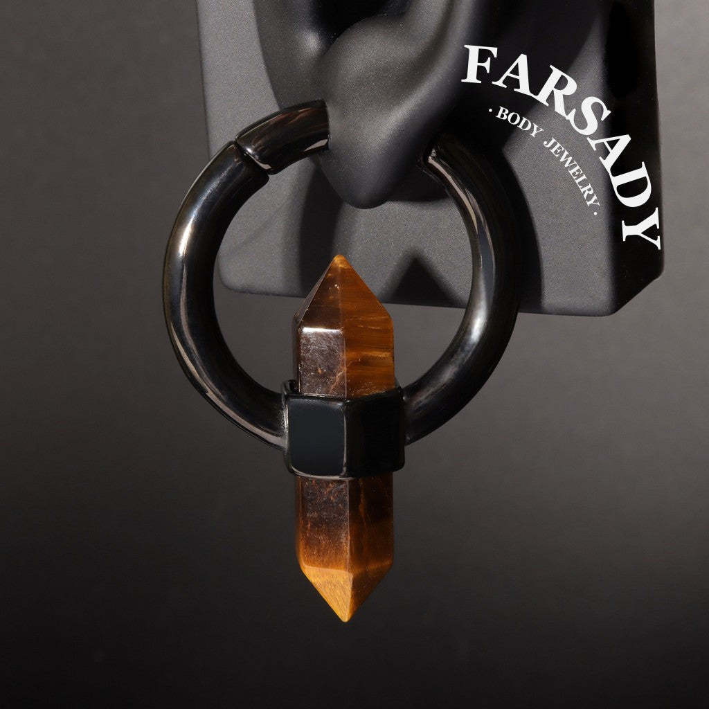 Pointed Tiger Eye - 316L Magnetic Hinged Ear Weights / Fits 3G 2G Stretched Ear Lobes Tunnels Plugs