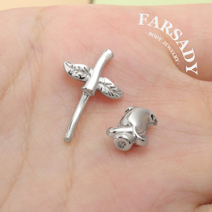 Tulip Bud Stem - 925 Silver Pink CZ Belly Button Ring / Fits 14G Navel Piercing