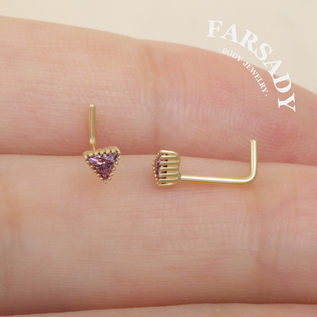 Minimal Triangle Amethyst CZ - Solid 14K Gold L-Shape Stud / Fit 20G Nostril Piercing