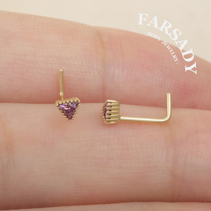 Minimal Triangle Amethyst CZ - Solid 14K Gold L-Shape Stud / Fit 20G Nostril Piercing