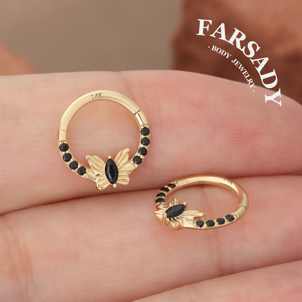 Noir Flutter - Solid 14K Gold Hinged Clicker Hoop / Fits 16G Septum Ring Helix Conch Cartilage Earring