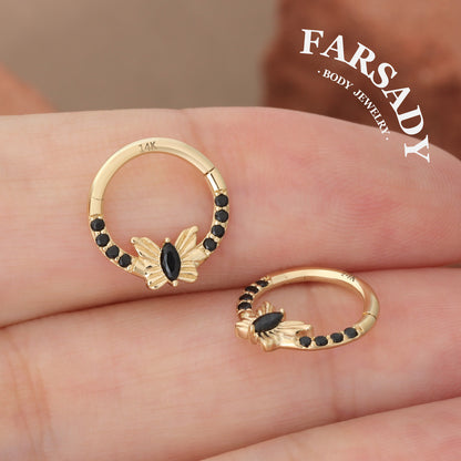 Noir Flutter - Solid 14K Gold Hinged Clicker Hoop / Fits 16G Septum Ring Helix Conch Cartilage Earring