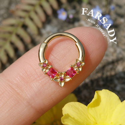 16G Steel Flower Septum Nose Ring, Silver Daith Hoop Earring, Original Design Hinged Septum Clicker, Helix Tragus Lobe Hoop Earrings 8mm