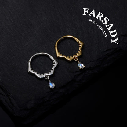 Sterling Silver Moonstone Dangle Flower Septum Ring/ 16G S925 Septum Piercing Jewelry/ 16G Daith Hoop Earring/8mm Helix Tragus Cartilage Hoop Earrings