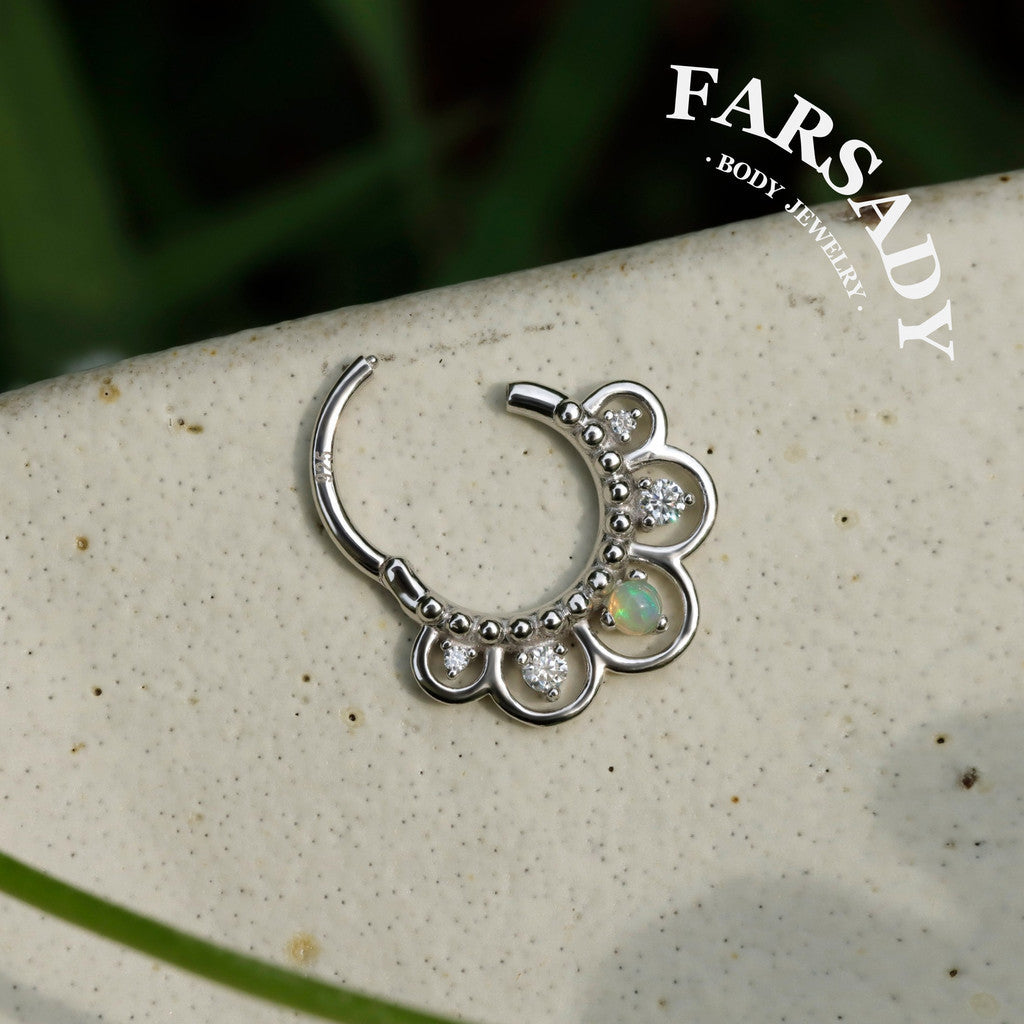 16G Nature Opal Flower Septum Ring,Real Opal Hinged Septum Clicker,925 Sterling Silver Plated 18k Gold,Gold Daith Earring Hoop,Helix Tragus Hoop