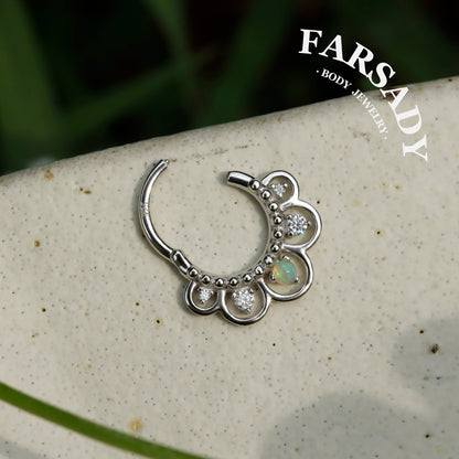 16G Nature Opal Flower Septum Ring,Real Opal Hinged Septum Clicker,925 Sterling Silver Plated 18k Gold,Gold Daith Earring Hoop,Helix Tragus Hoop