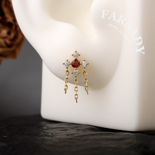 Dangle Helix Earring Flat Back,Red CZ Threadless Push In Stud,Tragus Lobe Conch Cartilage Jewelry Sterling Silver Plated 18K Gold, 16/18/20G