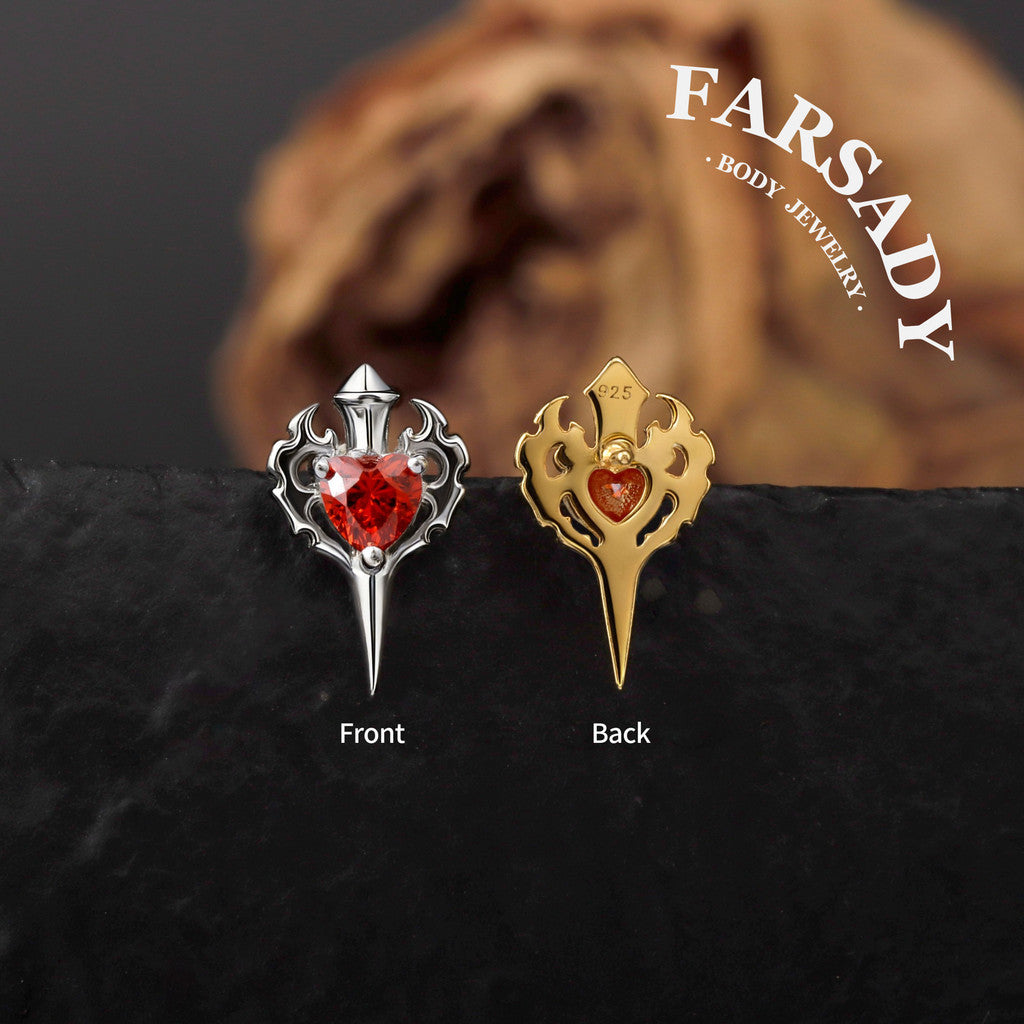 Sterling Silver Flame Red Heart Sword Threadless Helix Stud• 925 Silver & F136 Titanium Earrings• Romantic Gothic Jewelry•Flat Back Cartilage Tragus Jewelry