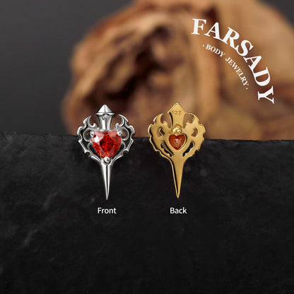 Sterling Silver Flame Red Heart Sword Threadless Helix Stud• 925 Silver & F136 Titanium Earrings• Romantic Gothic Jewelry•Flat Back Cartilage Tragus Jewelry