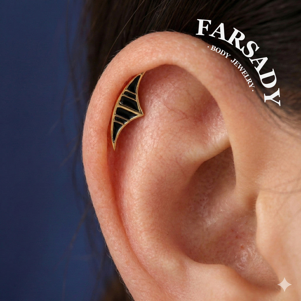 Sterling Silver Lunar Eclipse Threadless Flat Back Stud, Black Enamel Cartilage Earring for Helix, Tragus, Conch, Daith, Rook, Lobe Piercing Jewelry, Hypoallergenic Piercing Gift