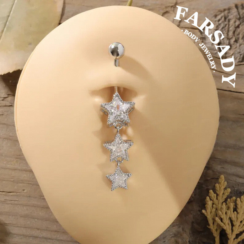 Star Spark - CZ Dangle Belly Button Ring / Fits 14G Navel Piercing / Waterproof & Hypoallergenic for Sensitive Skin, Daily Wear Elegant Jewelry, Perfect Gift
