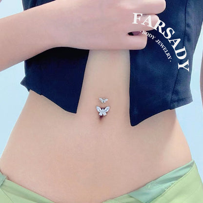 Twin Butterfly Echo - 925 Silver Clear CZ Belly Button Ring / Fits 14G Navel Piercing