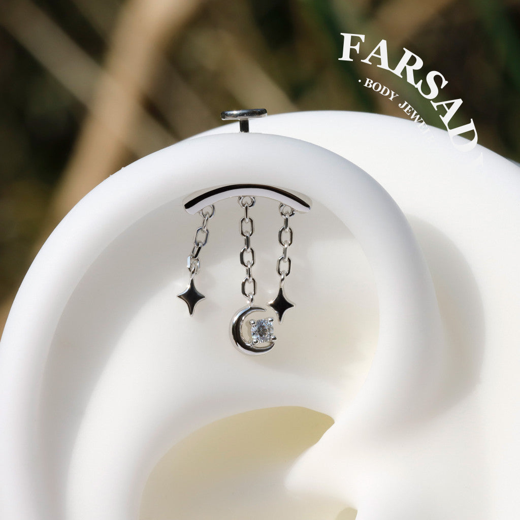S925 Moon Star Threadless Stud | Fits Vertical Helix & Hidden Rook