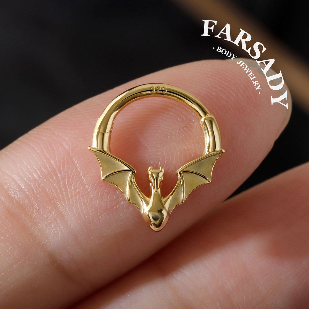 Sterling Silver Fly Dragon Hinged Septum Clicker, 18k Plated Gold Dragon Daith Hoop Earring, 16G 8mm Helix Piercing Jewelry, Orginal Design