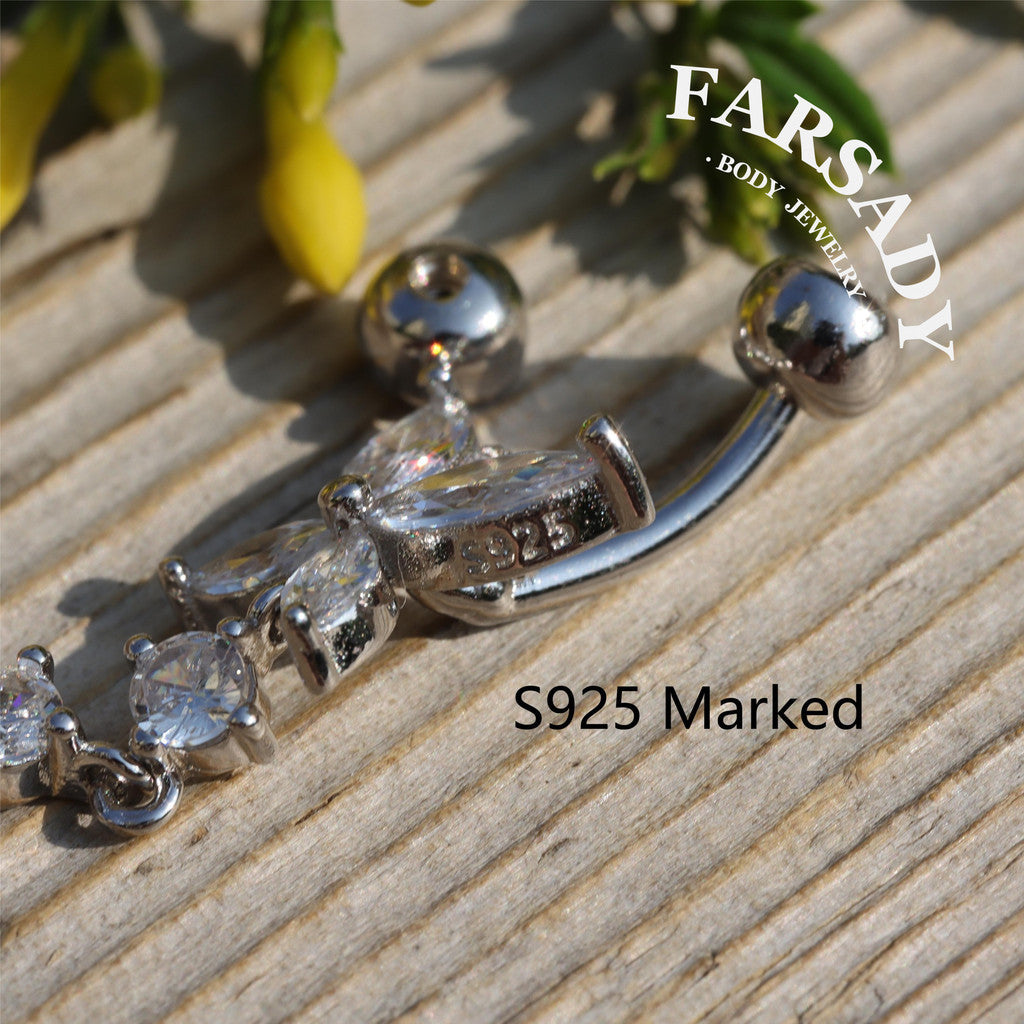 14G Sterling Silver Butterfly Dangle Belly Button Ring - Clear CZ 8mm to 12mm  Navel Body Piercing Jewelry - Non Healed Piercing Friendly Body Jewelry