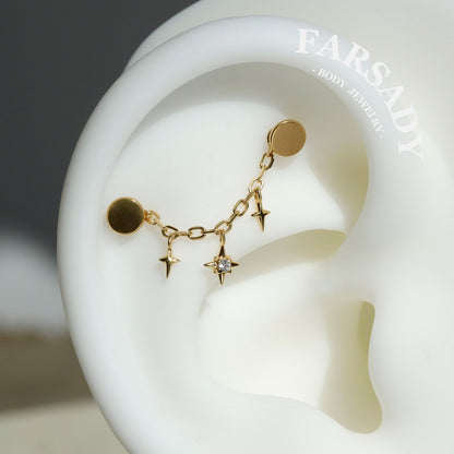 Star Dangle Earring Chain Sterling Silver/  Industrial Barbell Triple Stars Charm Chain/18K Gold Plated Helix Conch Lobe Nose Piercing Chain