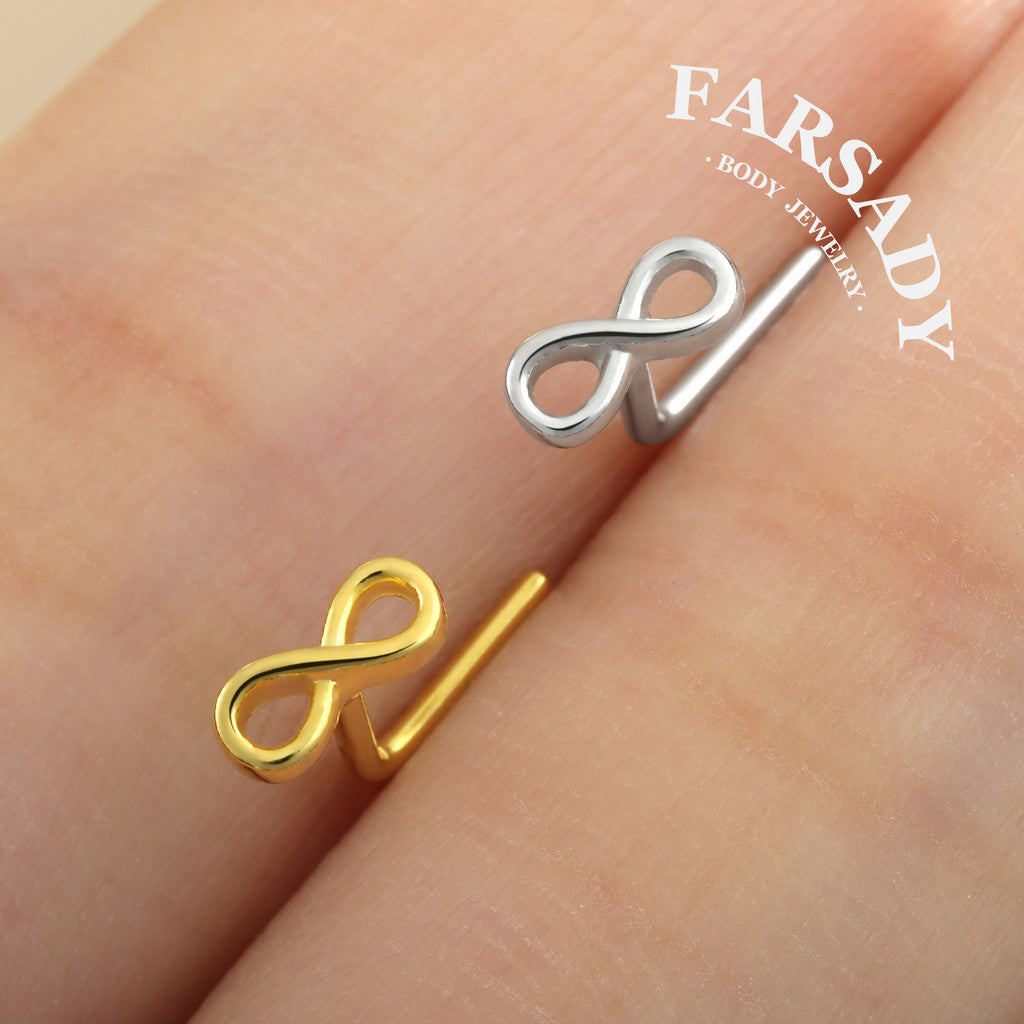 Gilded Infinity Knot - 925 Silver L-Shape Stud / Fit 20G Nose Ring