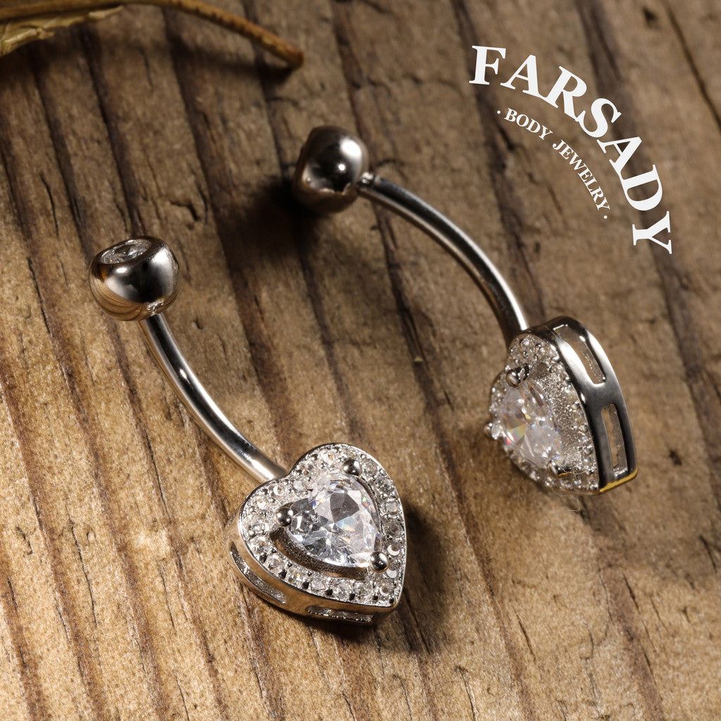 Embrace Heart - 925 Silver Clear CZ Belly Button Ring / Fits 14G Navel Piercing