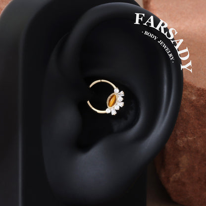 Tiger Eye Radiance - Solid 14K Gold Hinged Clicker Hoop / Fits 16G Septum Ring Helix Conch Cartilage Earring