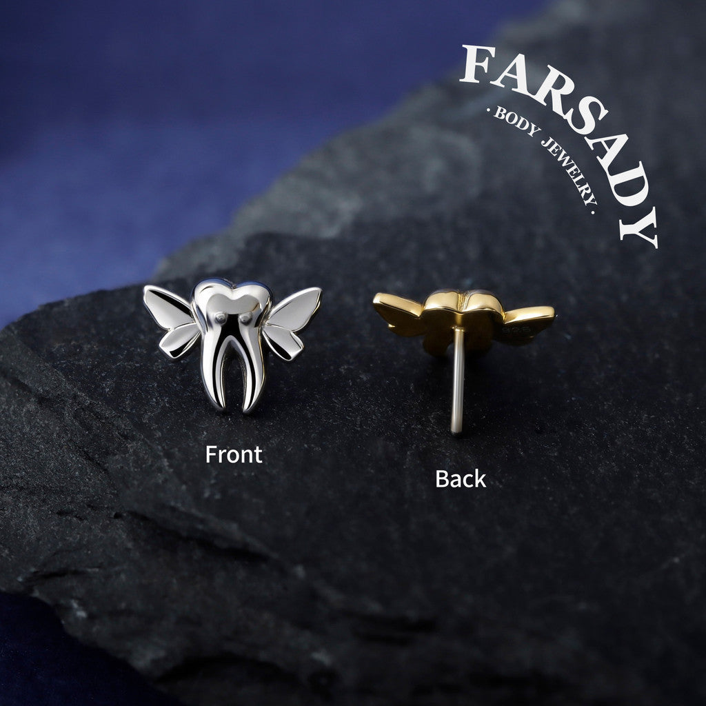 Tooth Wing - 925 Silver Threadless Stud / Fits Cartilage Helix Tragus Lobe Earring