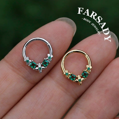 Sterling Silver Flower Green Zircon Daith Hoop Earrings Handmade Daith Piercing Jewelry Hinged Septum Ring Unique Helix Tragus Lobe Cartilage Earrings Daily Wear Gift for Her