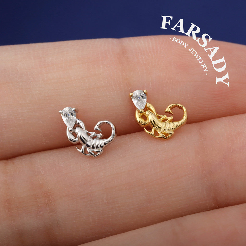 Sterling Silver Crimson Scorpion Helix Stud Threadless Push In  Earring 18K Gold Plated Tragus Conch Piercing Jewelry Hypoallergenic Piercing Minimal Cartliage Stud Gift Packaged
