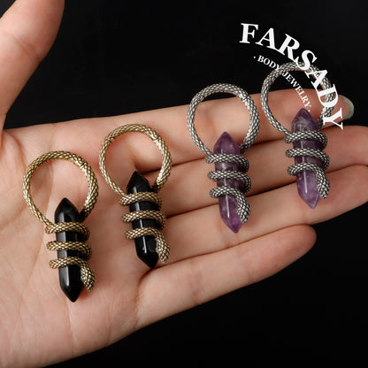 Serpens Amethysta - 316L Hinged Clicker Ear Weights / Fits 8G Stretched Ear Lobes Tunnels Plugs