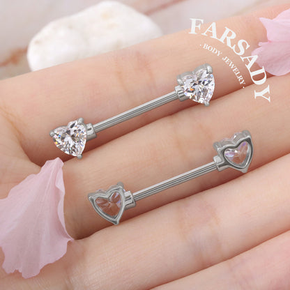 Prong Heart Crystal - 2PCS Clear CZ Straight Barbell / Fits 16G Chest Piercing Nose Bridge