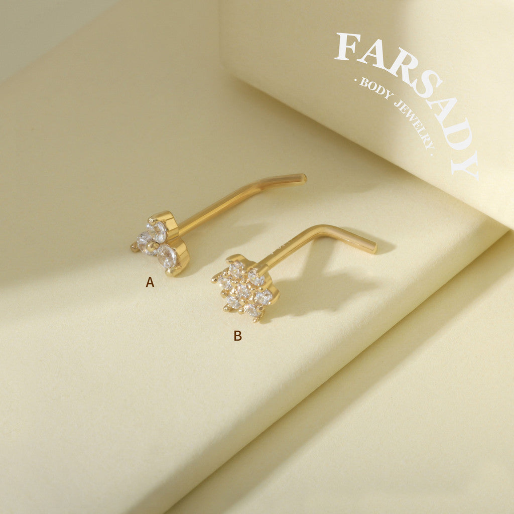 Snow Floret - Solid 14K Gold L-Shape Stud / Fit 20G Nostril Piercing