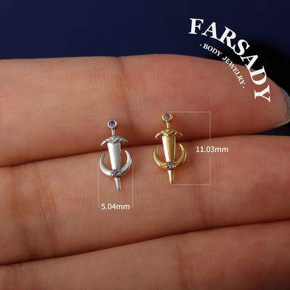 Lunar Sword - 925 Silver Threadless Stud / Fits Cartilage Helix Tragus Lobe Nostril Piercing