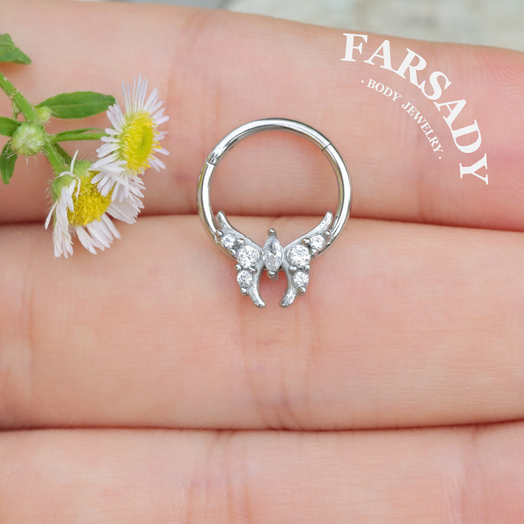 Fairy Wing - CZ Hinged Clicker Hoop / Fits 16G Septum Ring Helix Conch Cartilage Earring