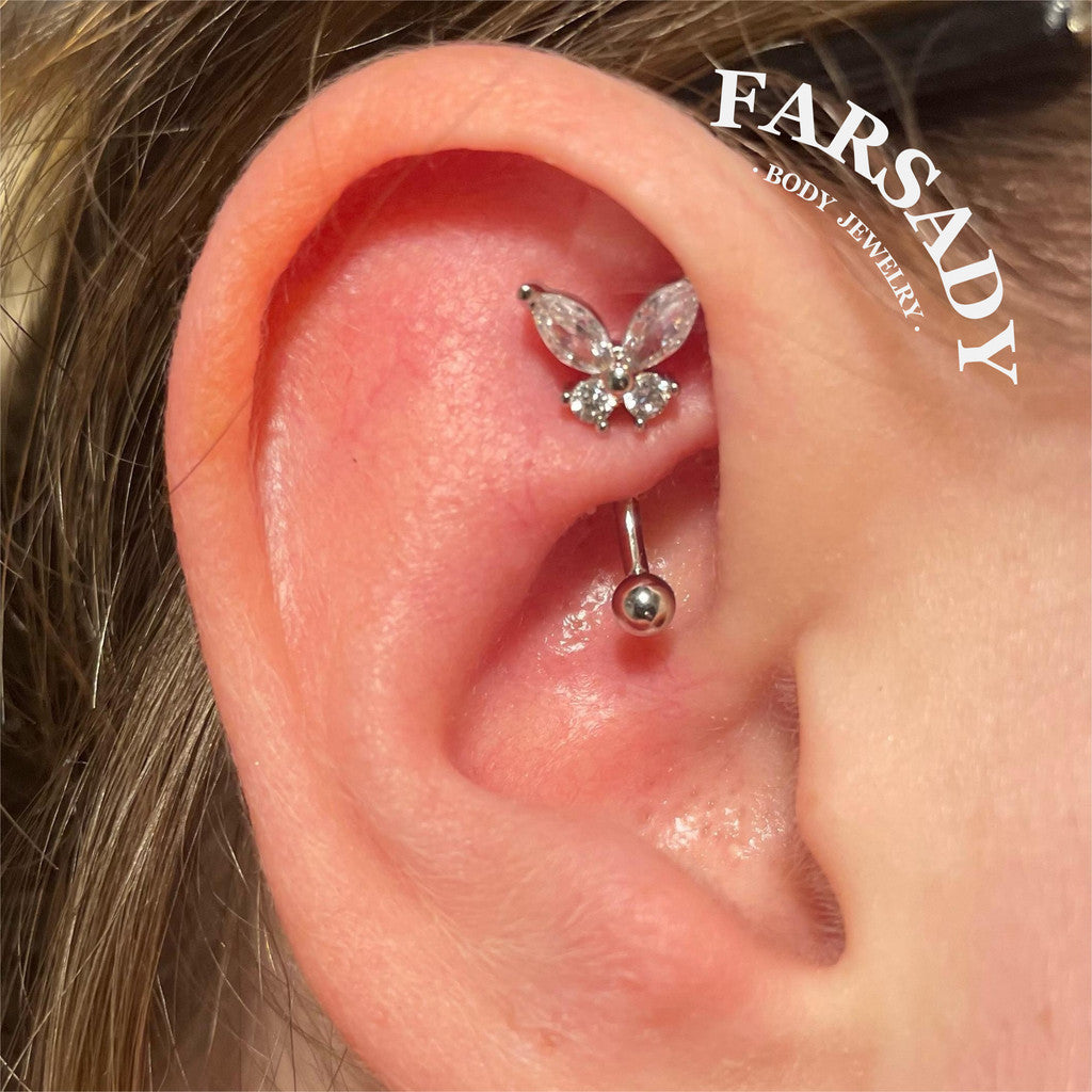 Crystal Flutter - 316L Clear CZ Curved Barbell / Fits 16G Rook Daith Earring Lip Eyebrow Cartilage Piercing