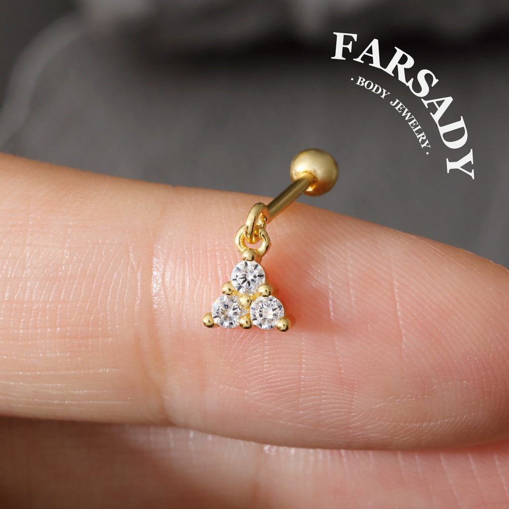 Triple Hover - 925 Silver Round CZ Dangle Stud / Fits Cartilage Helix Tragus Lobe Piercing