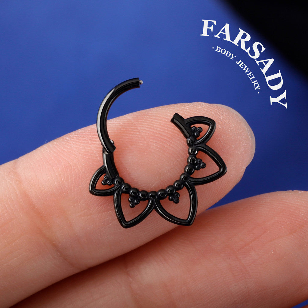 Gothic Black Steel Septum Ring 16G | Clicker Hoop for Nose or Daith Piercing | Flower Design | 1.2×8mm & 10mm | Unisex Jewelry