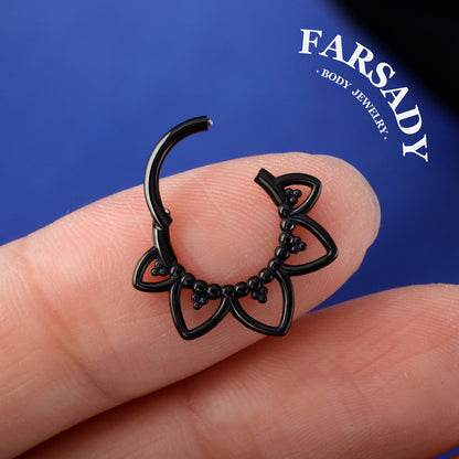 Gothic Black Steel Septum Ring 16G | Clicker Hoop for Nose or Daith Piercing | Flower Design | 1.2×8mm & 10mm | Unisex Jewelry