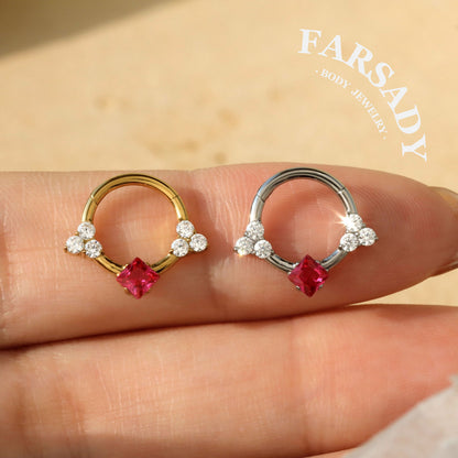 Titanium Septum Ring| 16G Hinged Septum Clicker| Pink Crystal Helix Earring| Silver Daith Piercing Jewelry| Shiny Septum Ring Daily