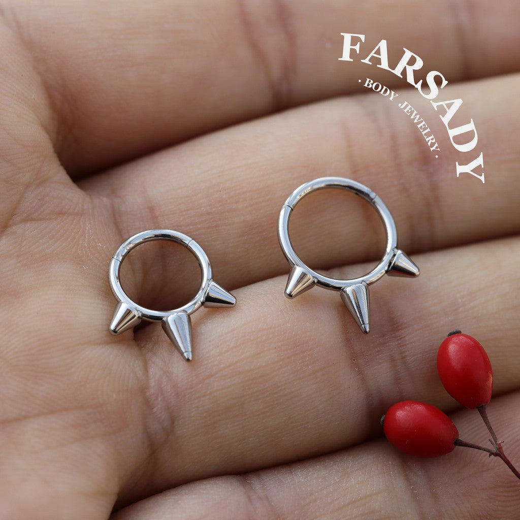 16G Titanium Triple Spike Hinged Septum Ring, Punk Style Segment Hoop, Spiked Daith & Nose Clicker Piercing Jewelry in Silver & Gold, Daily Wear with Gift Box