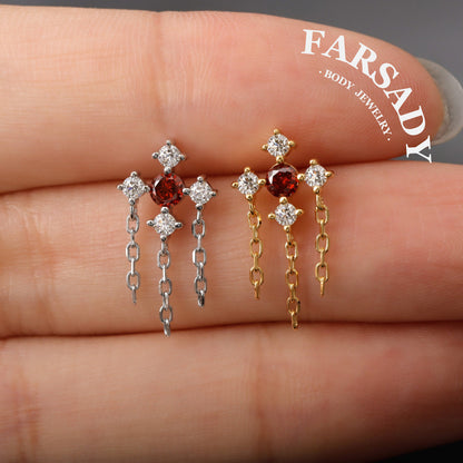 Dangle Helix Earring Flat Back,Red CZ Threadless Push In Stud,Tragus Lobe Conch Cartilage Jewelry Sterling Silver Plated 18K Gold, 16/18/20G