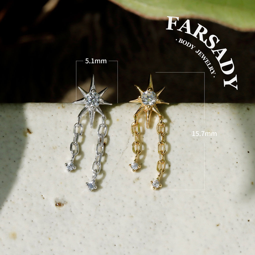 Sterling Silver Star Dangle Helix Earring • Threadless Push In Flat Piercing Jewelry •  S925 Tragus Conch Lobe Cartilage Jewelry • Titanium Back
