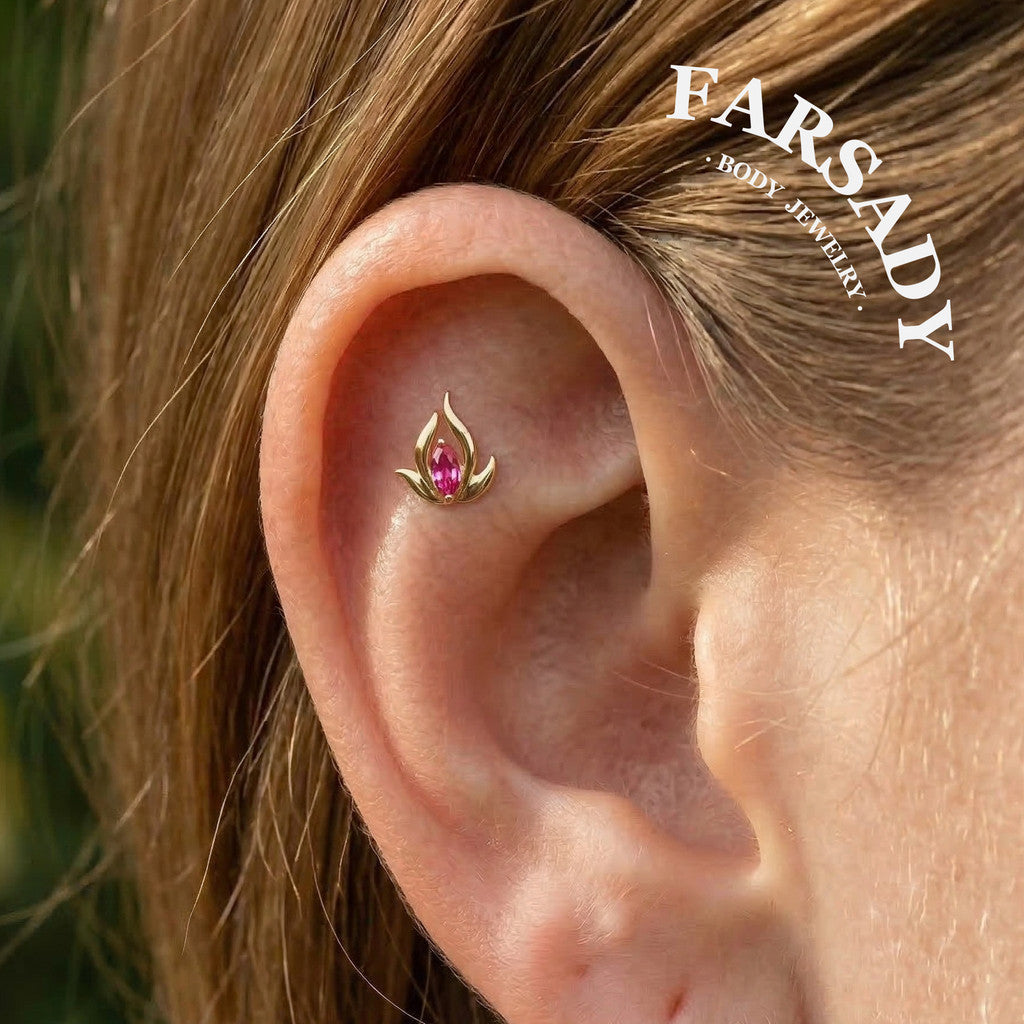 Pink Lotus Threadless Push In Helix Stud, Sterling Silver Cartilage Stud, Flat Back Titanium Post, Design Flower Tragus/ Lobe/ Lip Earring