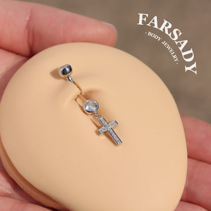 Cross Dew Pendant - 925 Silver Clear CZ Belly Button Ring / Fits 14G Navel Piercing