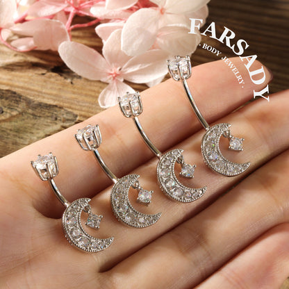 Lunar Whisper - 925 Silver Clear CZ Belly Button Ring / Fits 14G Navel Piercing