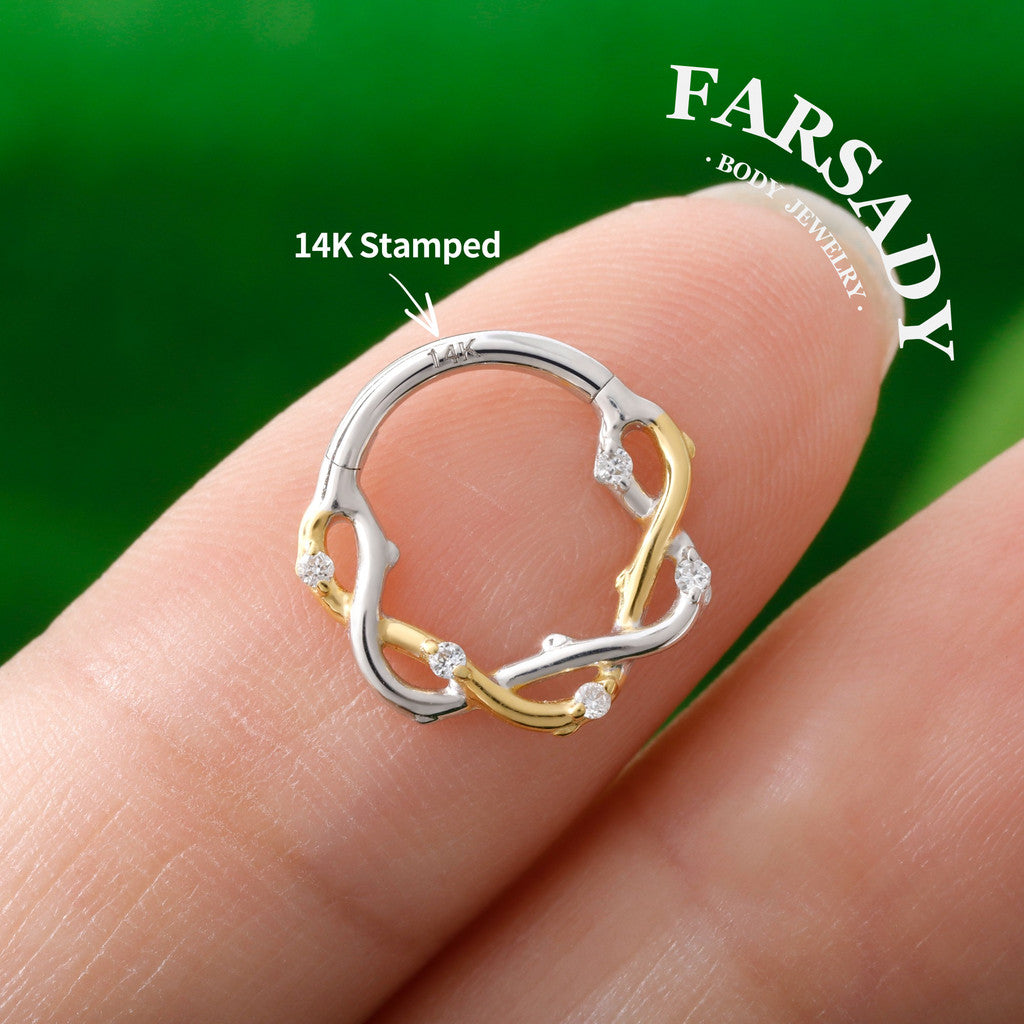 Twig Entwine - Solid 14K Gold Hinged Clicker Hoop / Fits 16G Septum Ring Helix Conch Cartilage Earring