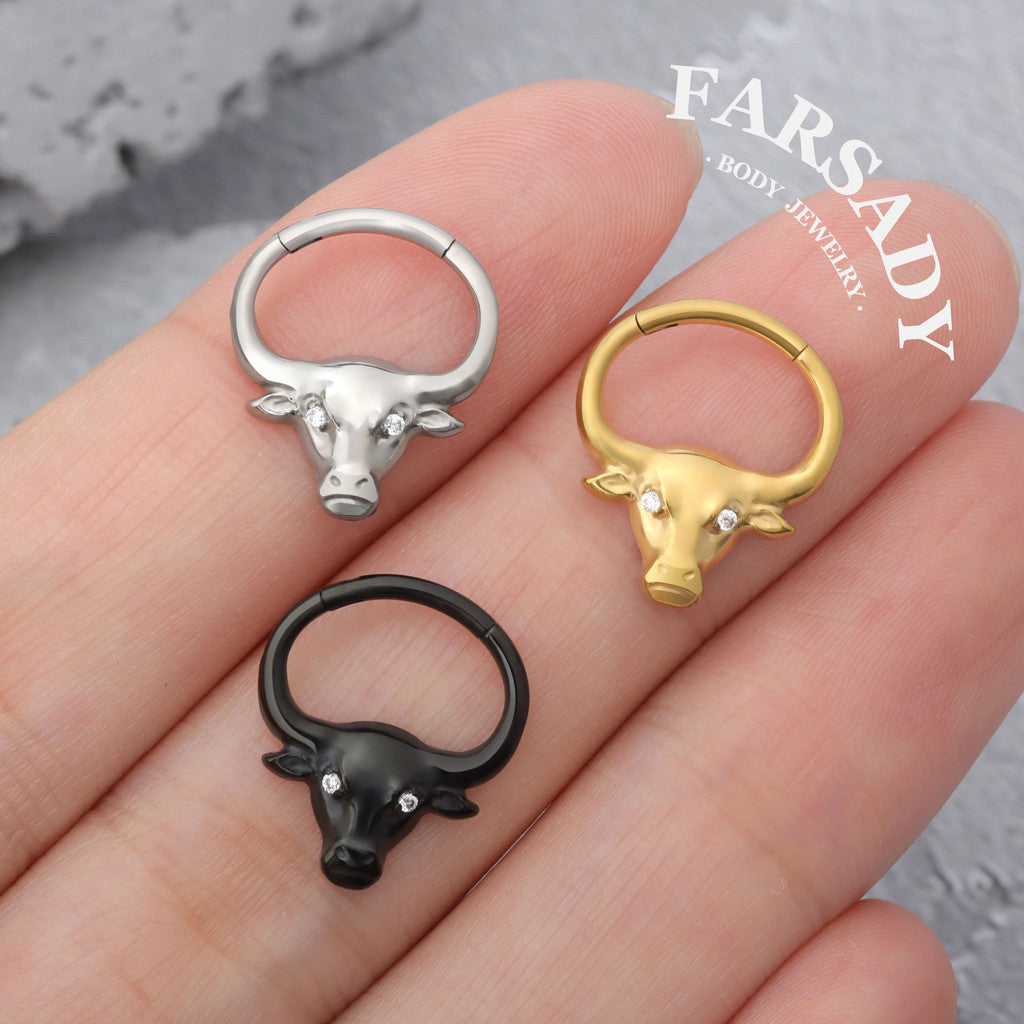 Bull Crest - F136 Titanium Hinged Clicker Hoop / Fits 16G Septum Ring Helix Conch Cartilage Earring