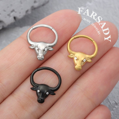 Bull Crest - F136 Titanium Hinged Clicker Hoop / Fits 16G Septum Ring Helix Conch Cartilage Earring