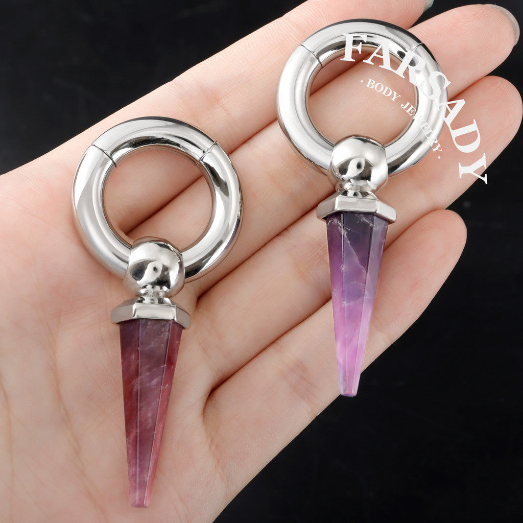 Amethyst Drop - 316L Magnetic Hinged Ear Weights / Fits 4G 2G Stretched Ear Lobes Tunnels Plugs