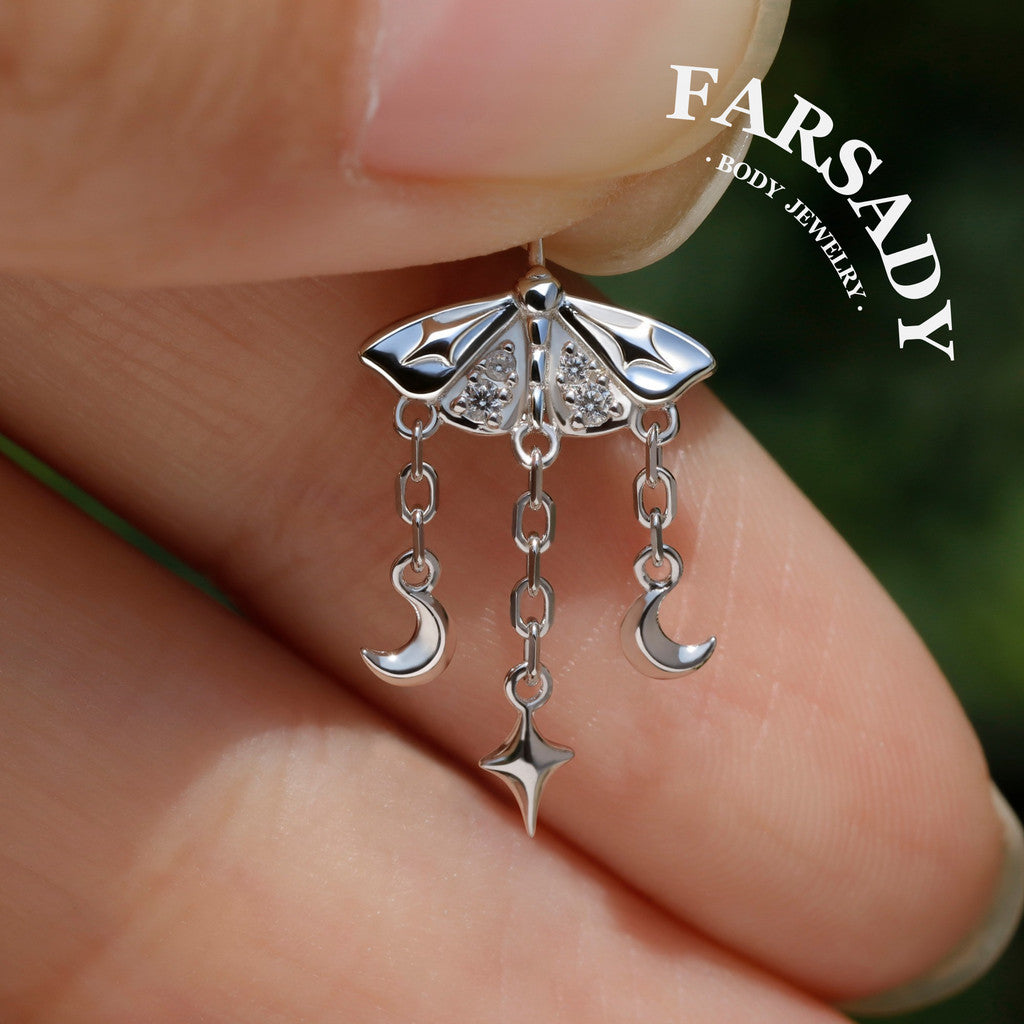Lunar Moth - 925 Silver Threadless Stud / Fits Vertical Helix Hidden Rook Earring