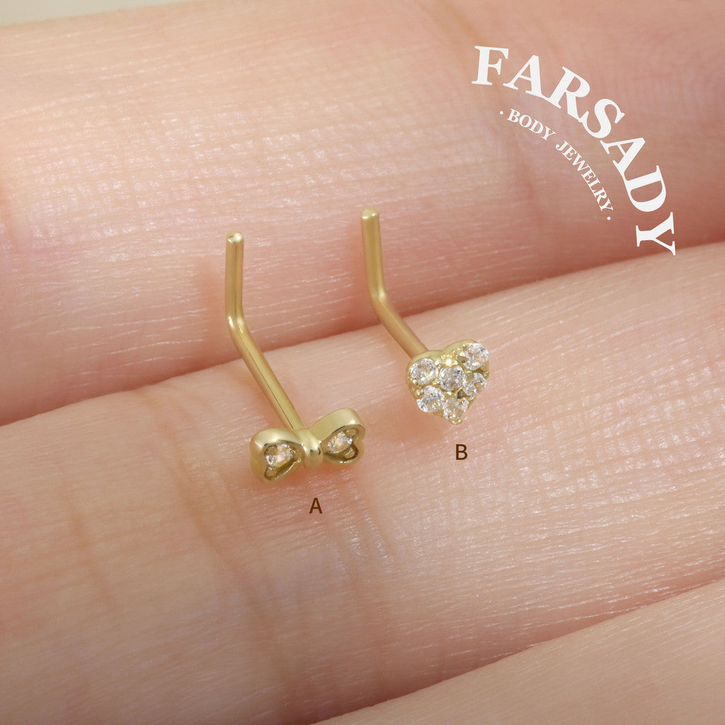 Minimal Heart & Bow CZ - Solid 14K Gold L-Shape Stud / Fit 20G Nostril Piercing