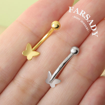 Plain Silver Butterfly - 925 Silver Belly Button Ring / Fits 14G Navel Piercing