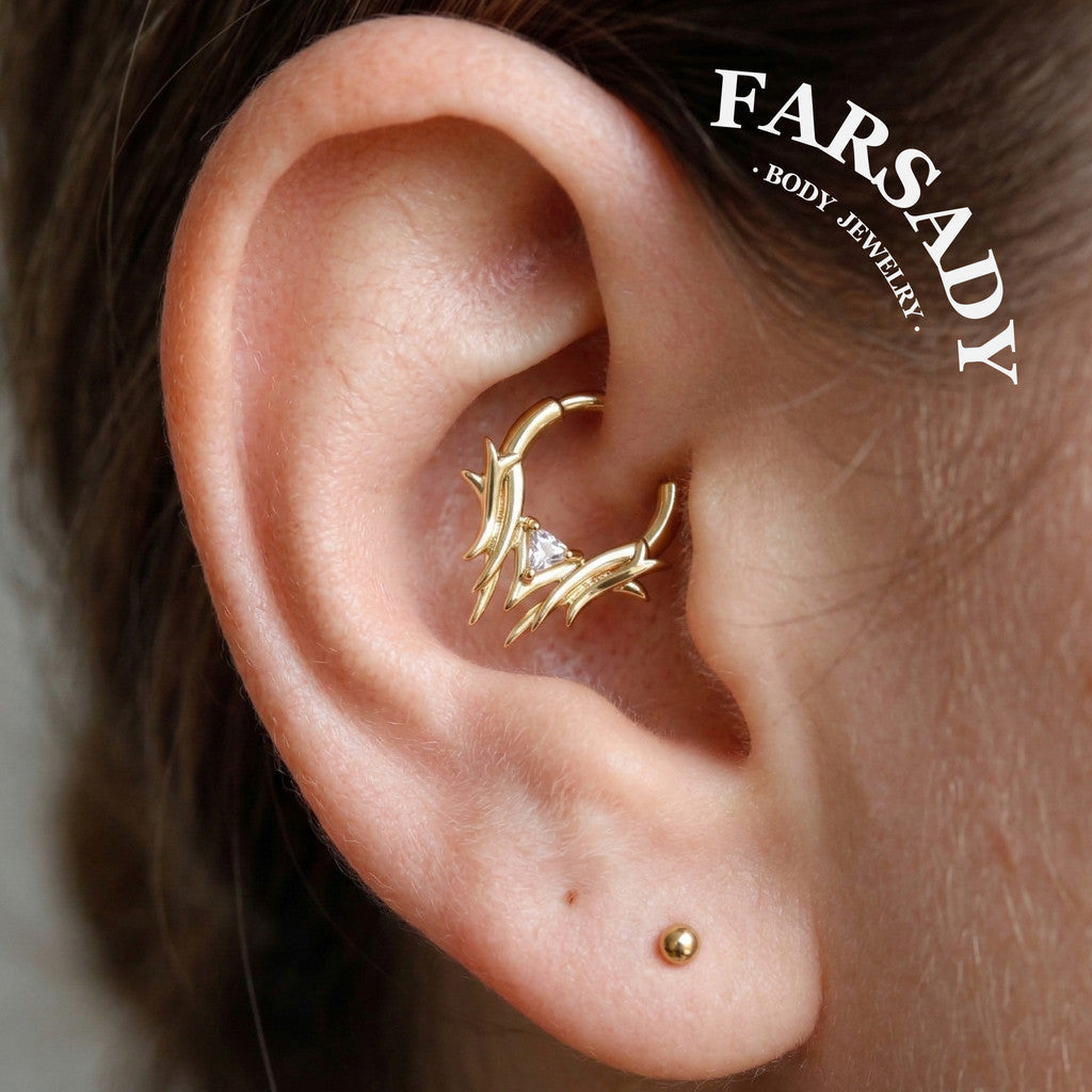 16G Thron Theme Septum Ring with Triangle Stone: Original Design Daith Earring Hoop, 8/10mm Hinged Septum Clicker, 316L Steel Nose Ring Hoop